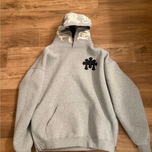 CHROME HEARTS Grey Hoodie with embroidered Hood Detailing Size Small